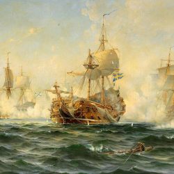«Линейный корабль „Вахмейстер“ сражается против русской эскадры в 1719 году». Картина Людвига Рихарда копии картин на заказ
